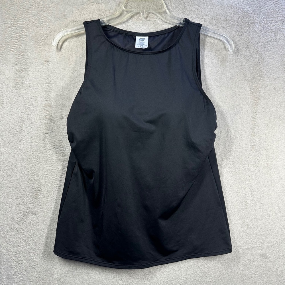 Lands End Tankini Top Womens 14 Black Modest High Neck Shelf Bra Swimwear 5055